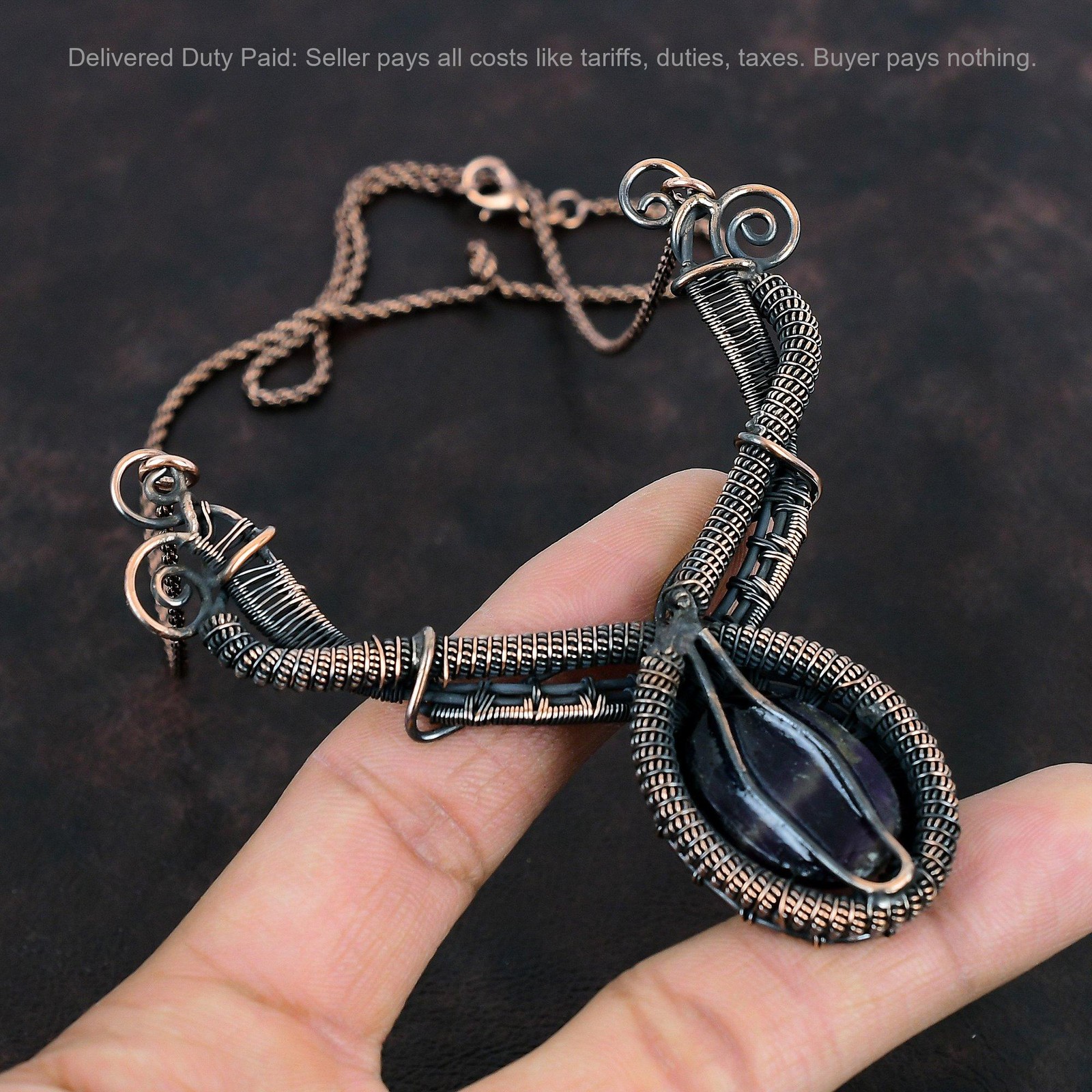 Oval Multi Fluorite Stone Wire Wrapped Artisan Chain Birthday Necklace Copper