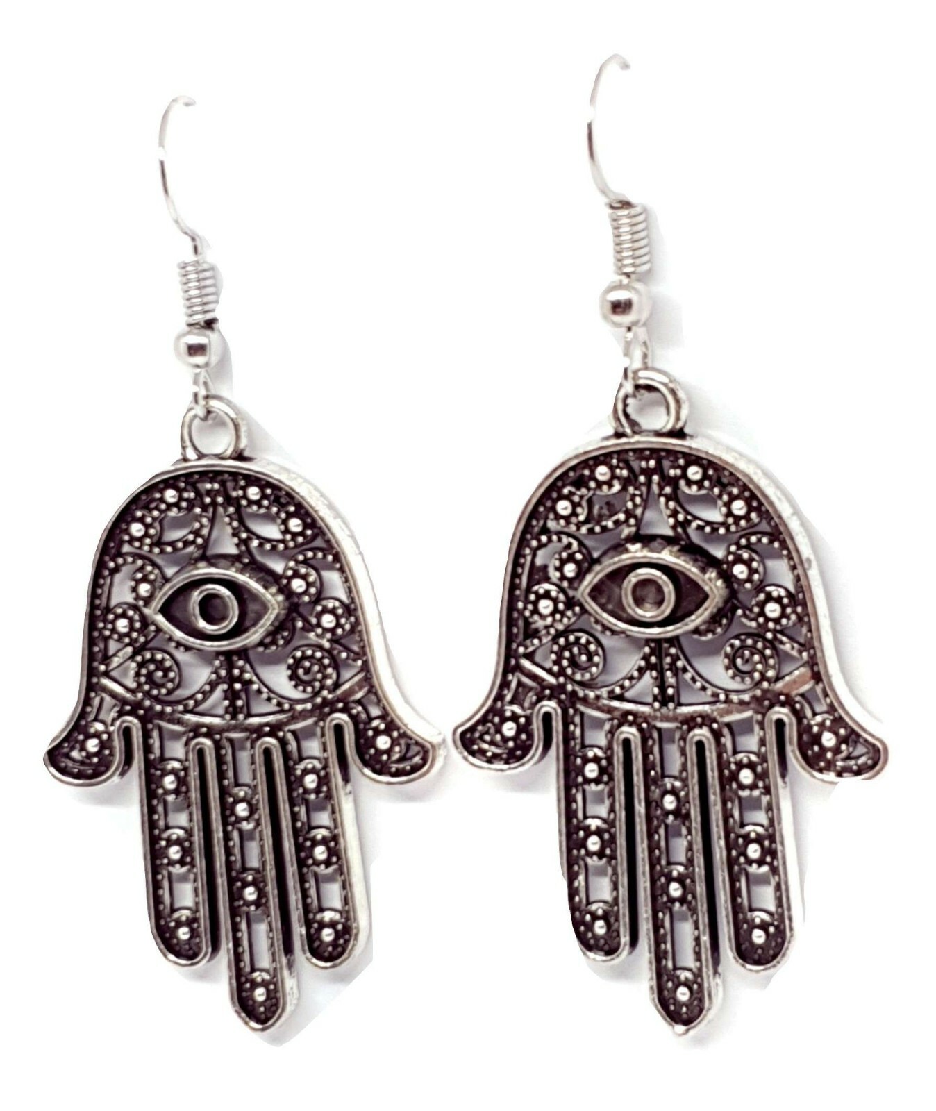 Large Hamsa Earrings Evil Eye Protection Filigree Silver Drop Dangle Jewellery