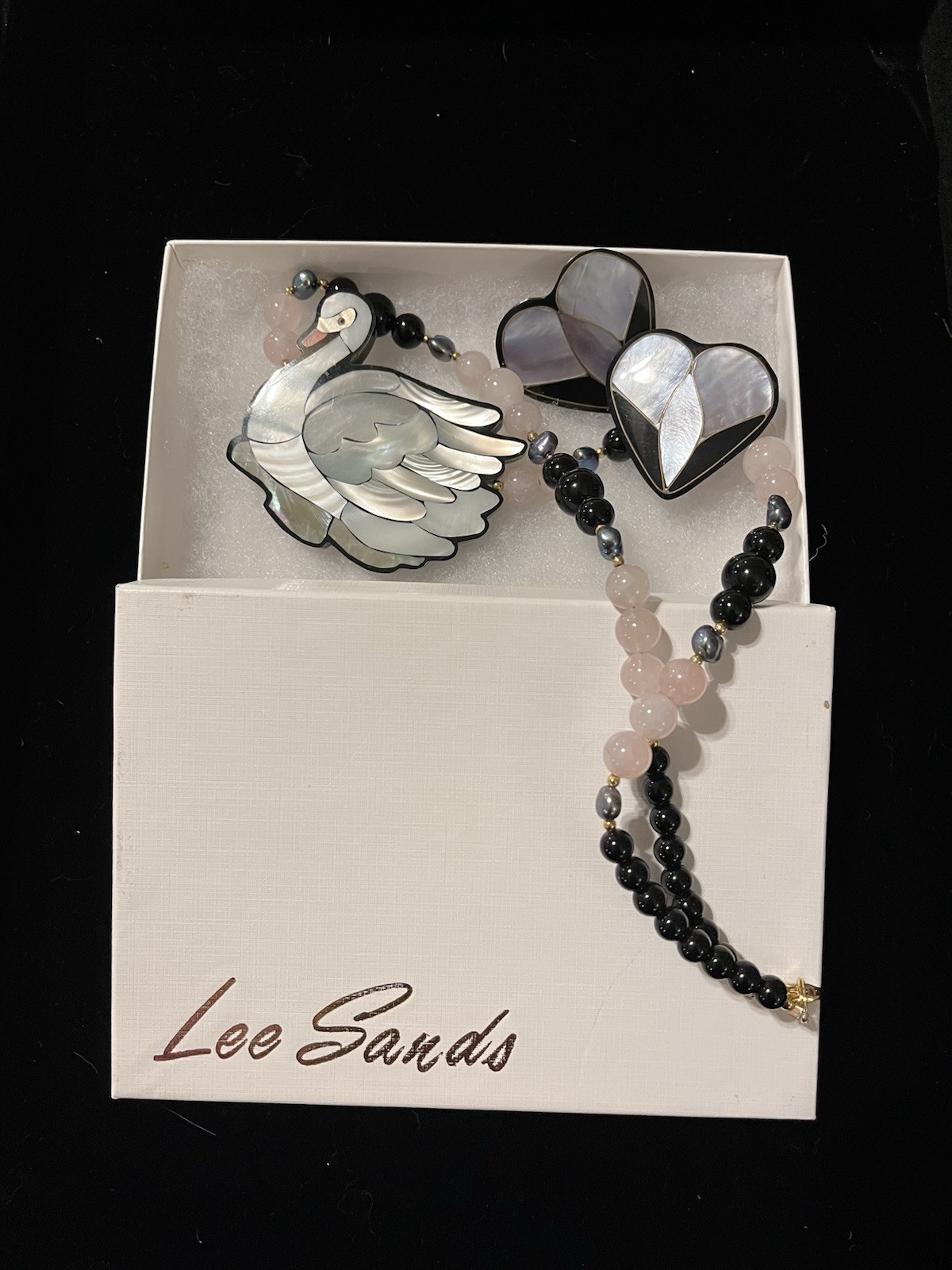 Vintage Lee Sands Statement Necklace Earrings Set Abalone Shell MOP Swan Jewelry