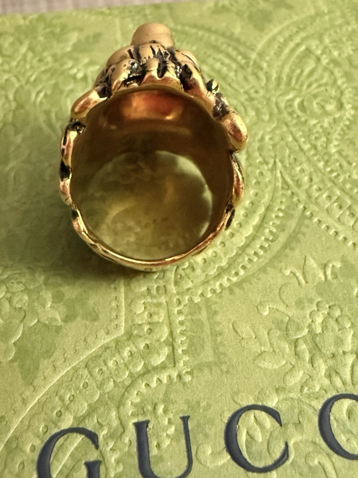 Authentic Gucci Lion Head Ring Blue Crystal Bronze Gold US Size 5 1/4 10IT NWB