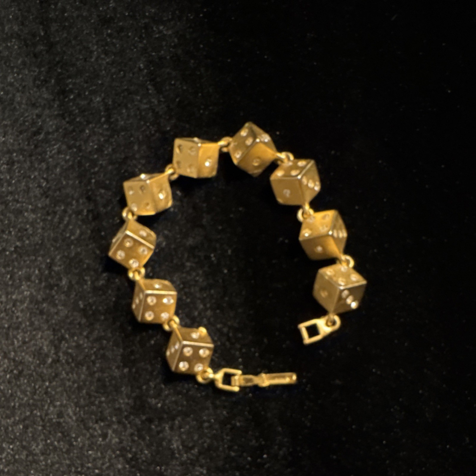 Gold Tone Dice Link Bracelet Clear Crystal Accents Snap Clasp 7.5 in