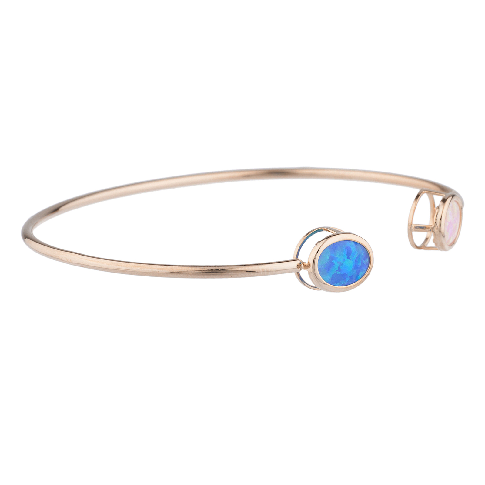14Kt Gold Blue & Pink Opal Oval Bezel Bangle Bracelet