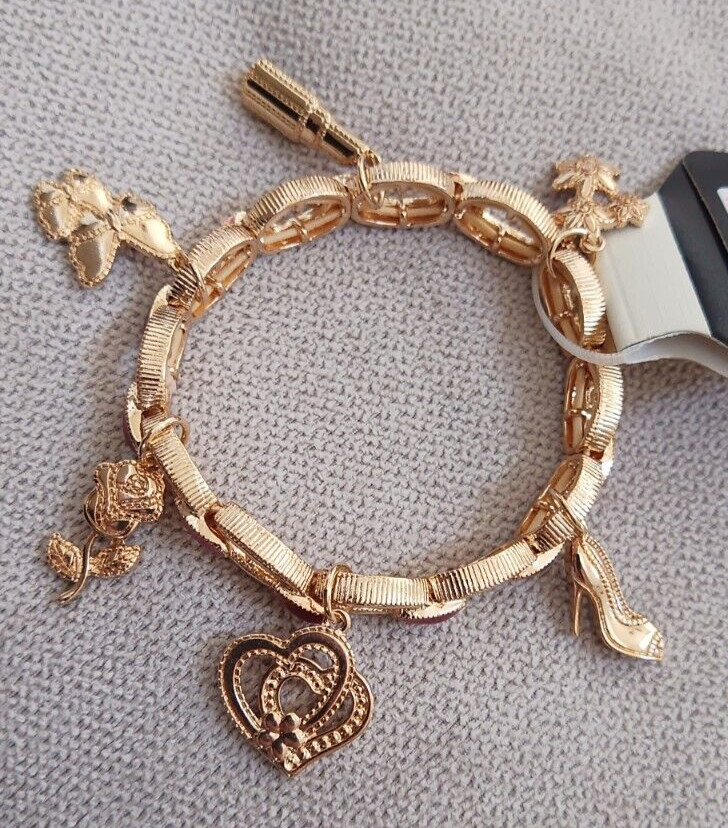 NWT Napier Gold Tone Love & Beauty Charm Stretch Bracelet Heart Rose Lipstick ++