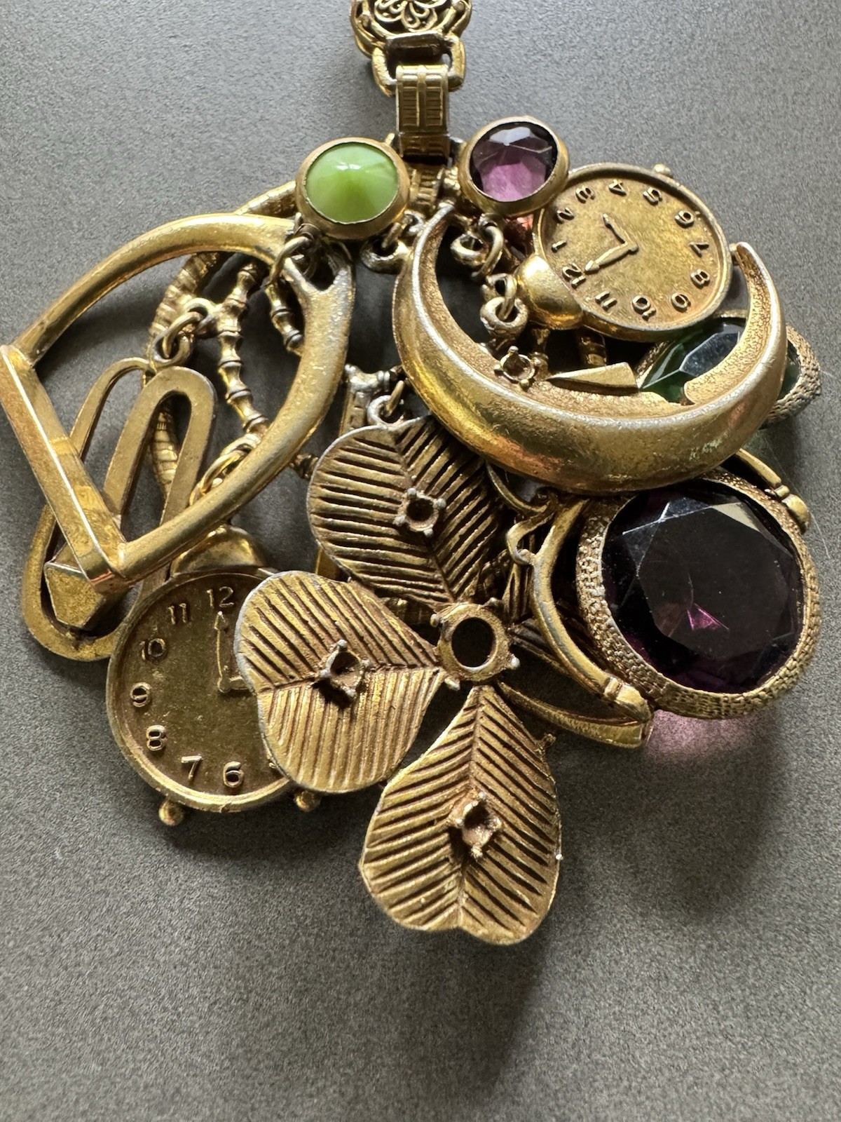 VTG ART Large Pendant/belt Charm Clip Clover Moon Clock Green Purple