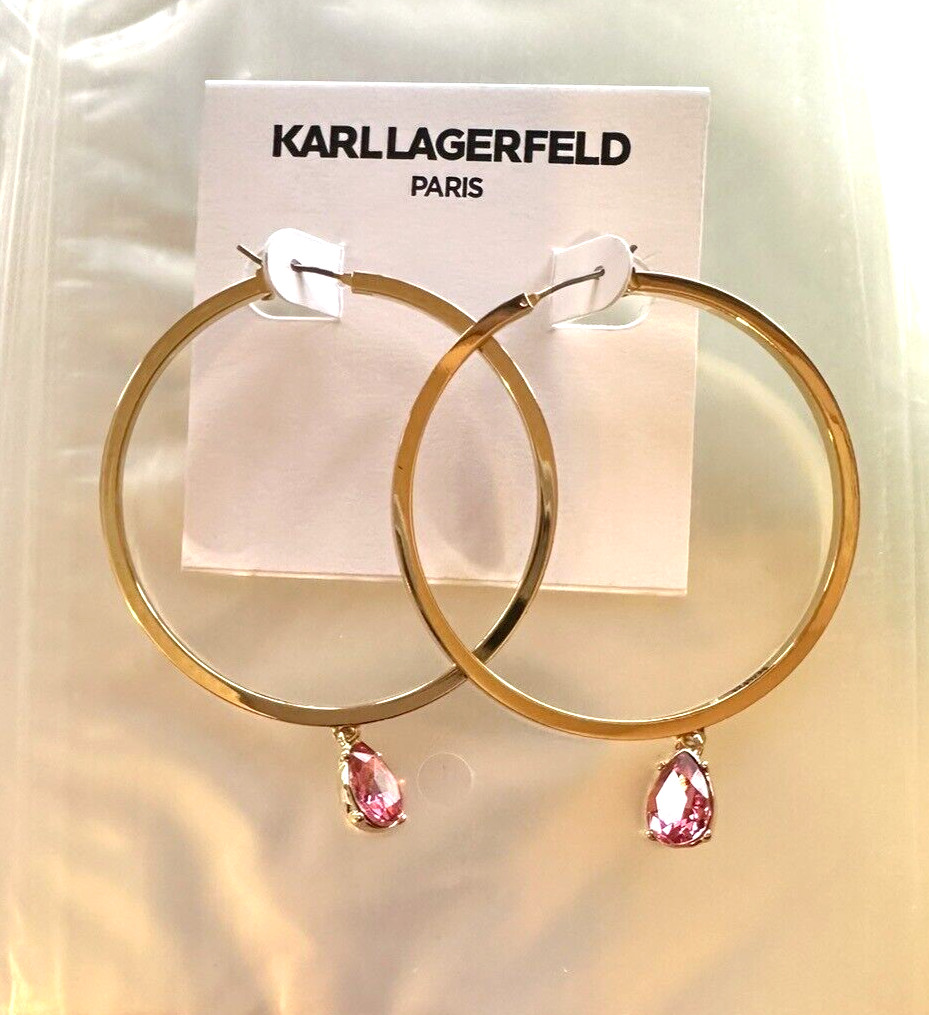 Karl Lagerfeld Paris Gold-Tone Pink Crystal Charm Hoop Earrings $45