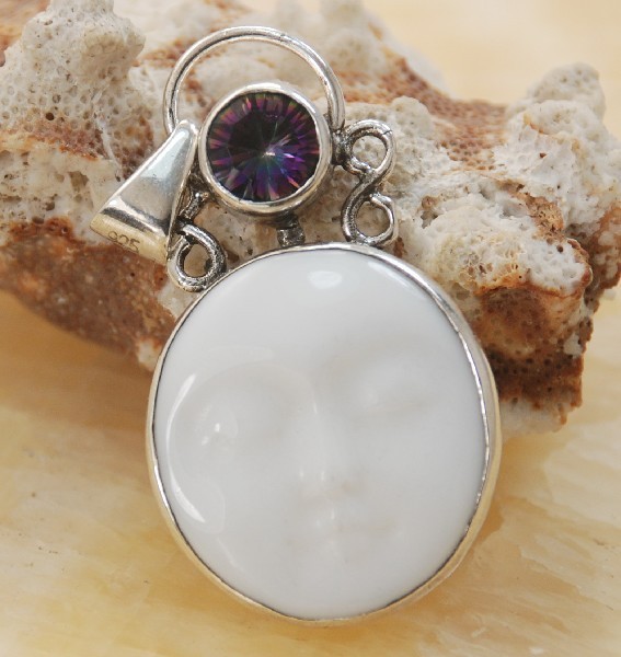 Carved Moon Face & Fire Topaz gemstone silver Handmade pendant Jewelry P10145