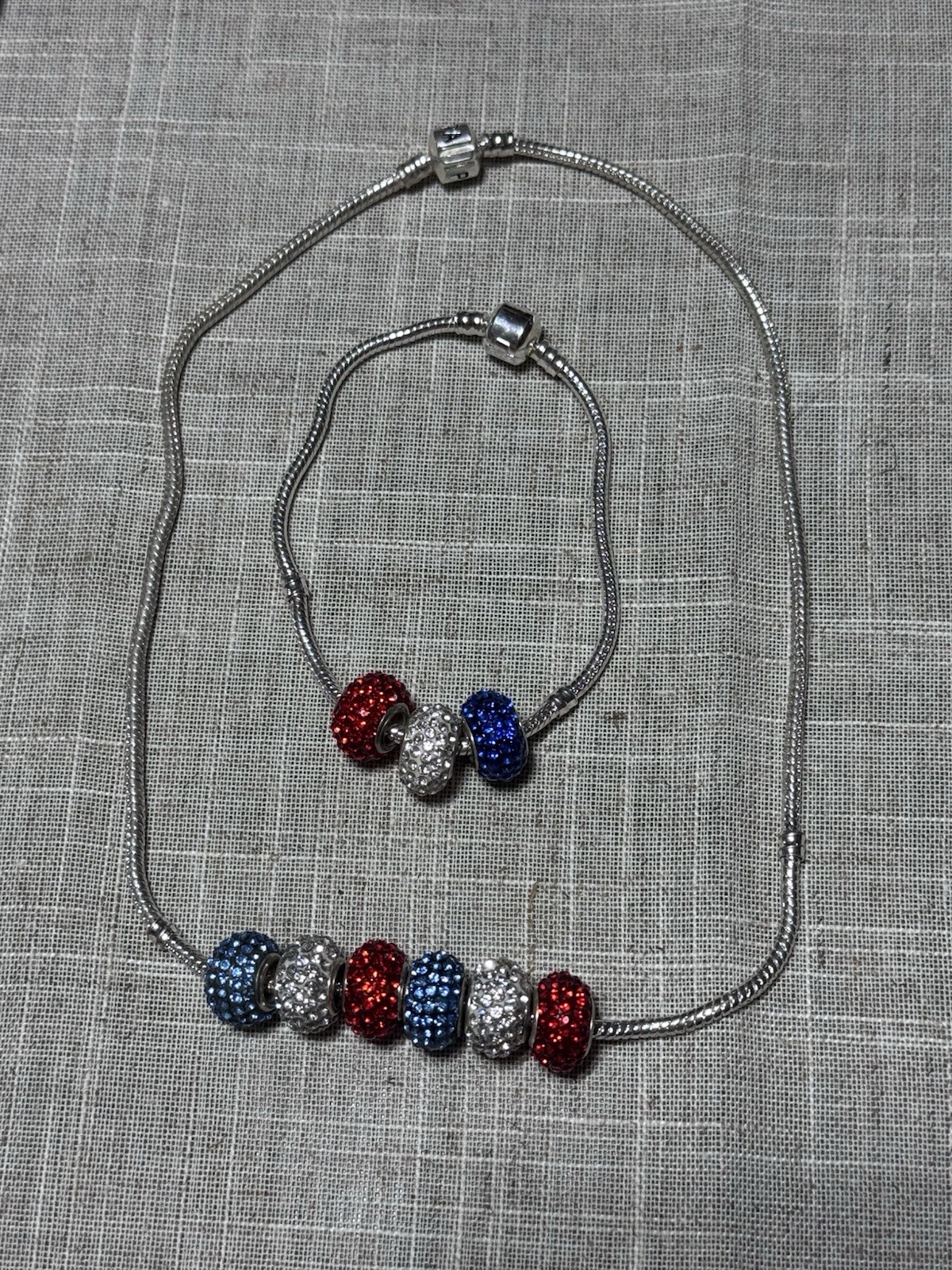 Silver Snake Chain Necklace & bracelet with red, white & blue beads