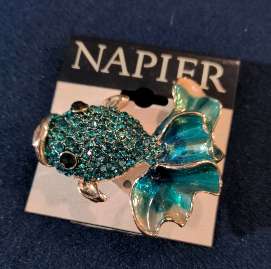Napier Fancy Koi Gold Fish Brooch Pin Gold Tone Blue Green Rhinestone Enamel 2″