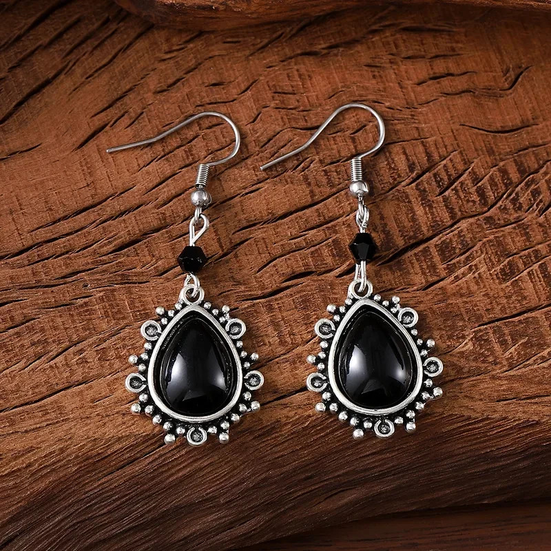 Ladies Fashion Retro Water Droplet Hook Earrings Black