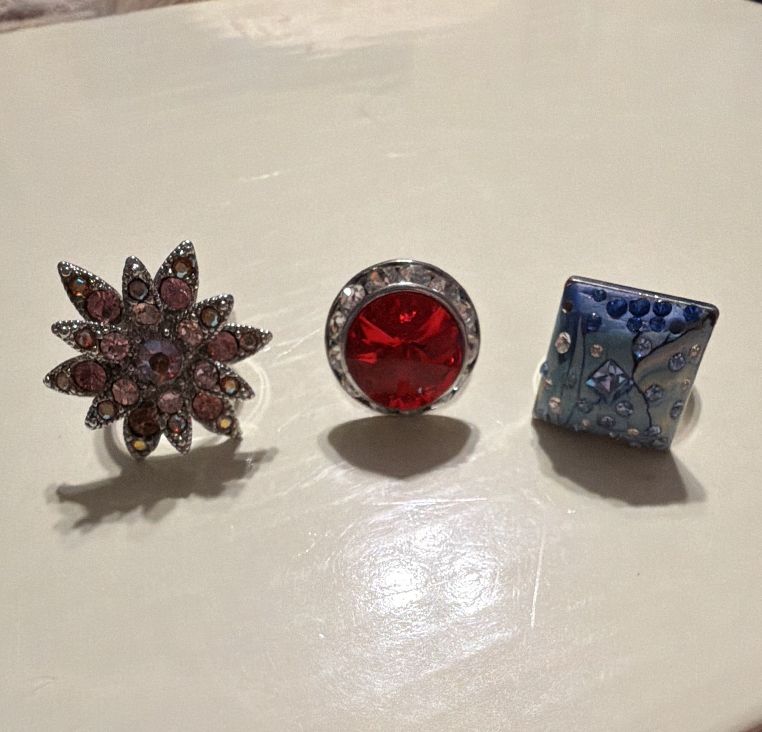Lot of 3 Adjustable Cocktail Rings Size 7 Multicolor Rhinestone Crystal Floral
