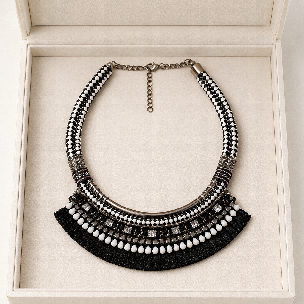 Chicos Bold Boho Necklace Tribal Style Bead and Fringe Layered Design Woven Cord