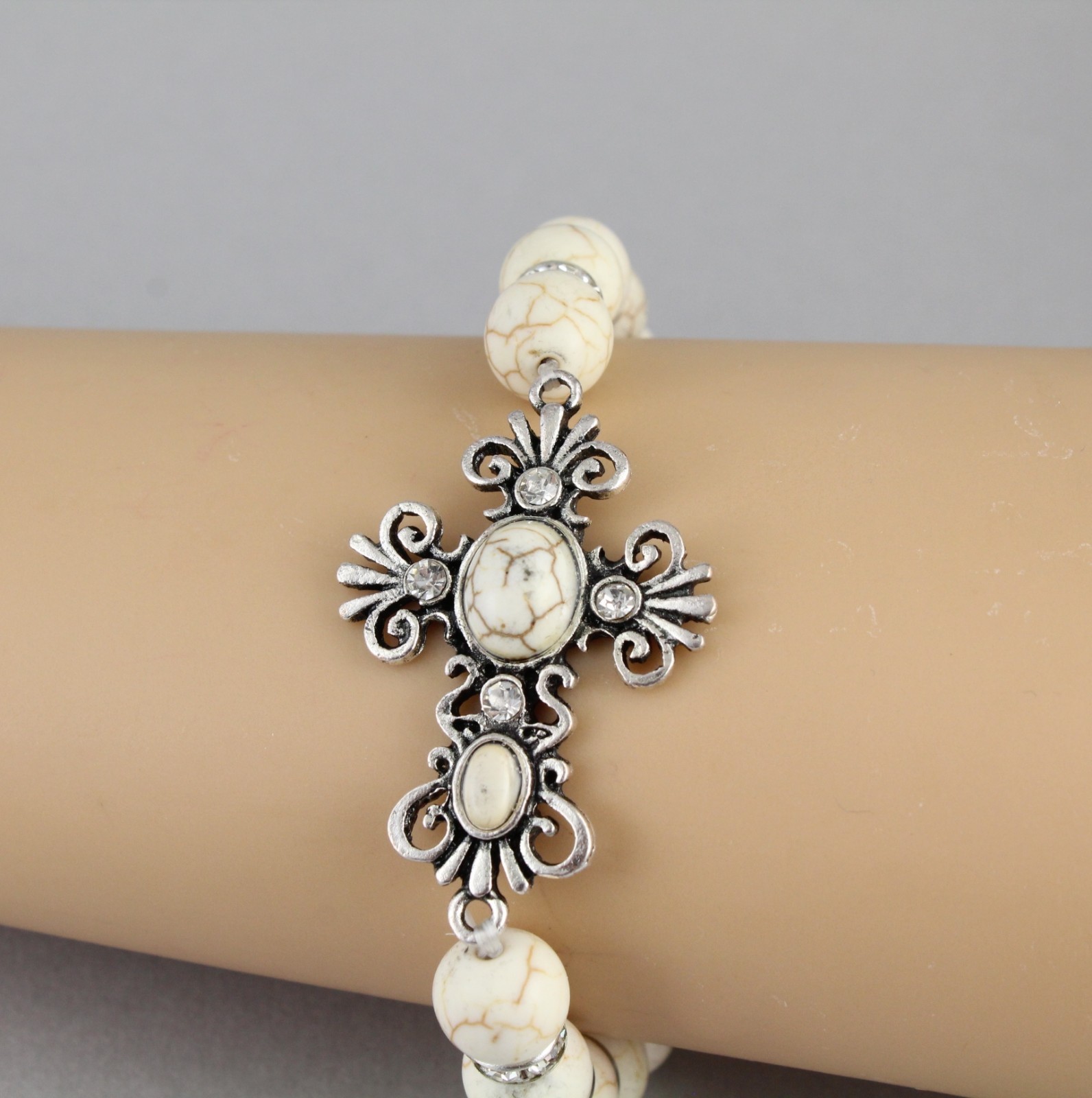cross bracelet stretch Cream Silver stretchy beaded bracelet metal charm