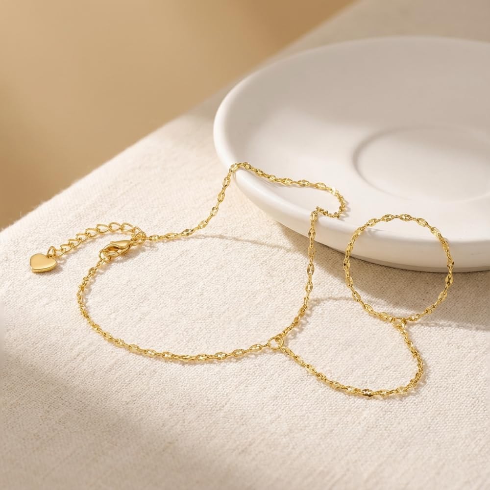 14K Gold Bracelets for Women 14K Gold Hand Chain for Women Rings Bracelet Han…