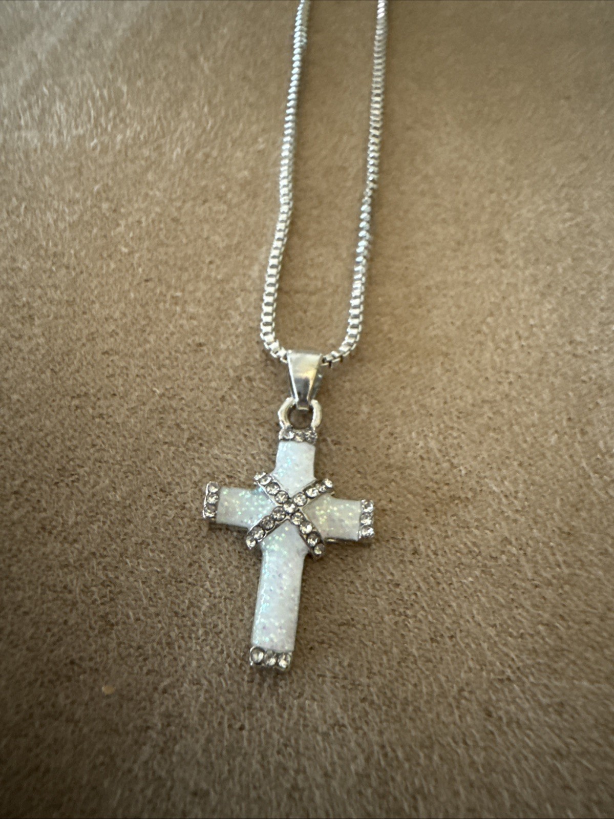 Silvery White Synthetic Opal Mosaic Cross Pendant Necklace