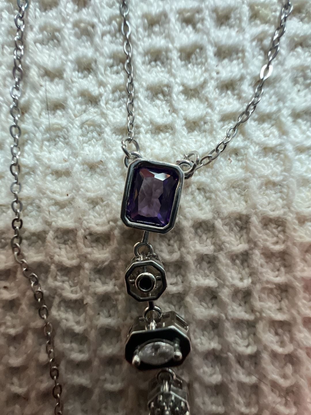 Multi-Stone Vertical Bar Lariat Necklace in Stainless Steel with Faceted Gemston