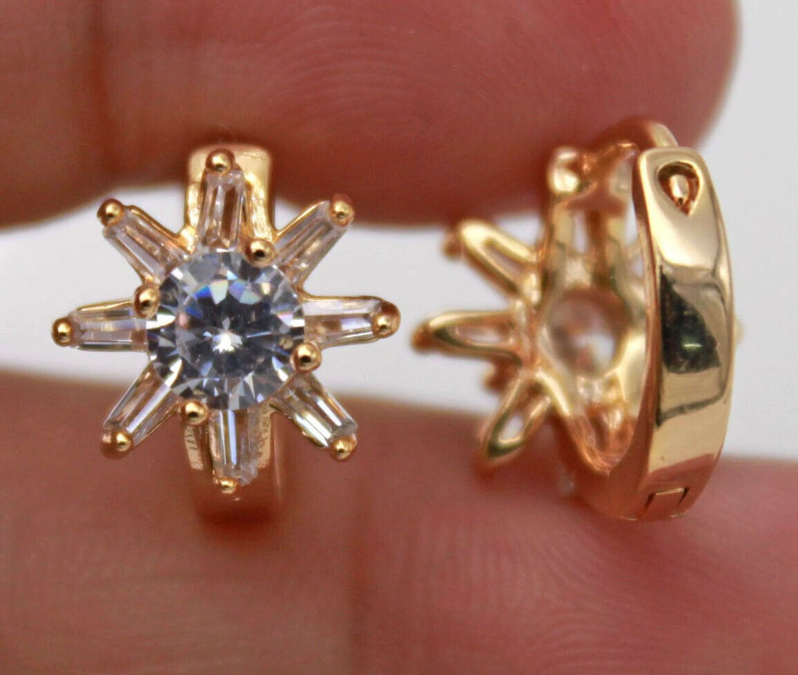 Yellow Gold Filled Clear Round & Trapezoid CZ Star / Flower Huggie Hoop Earrings