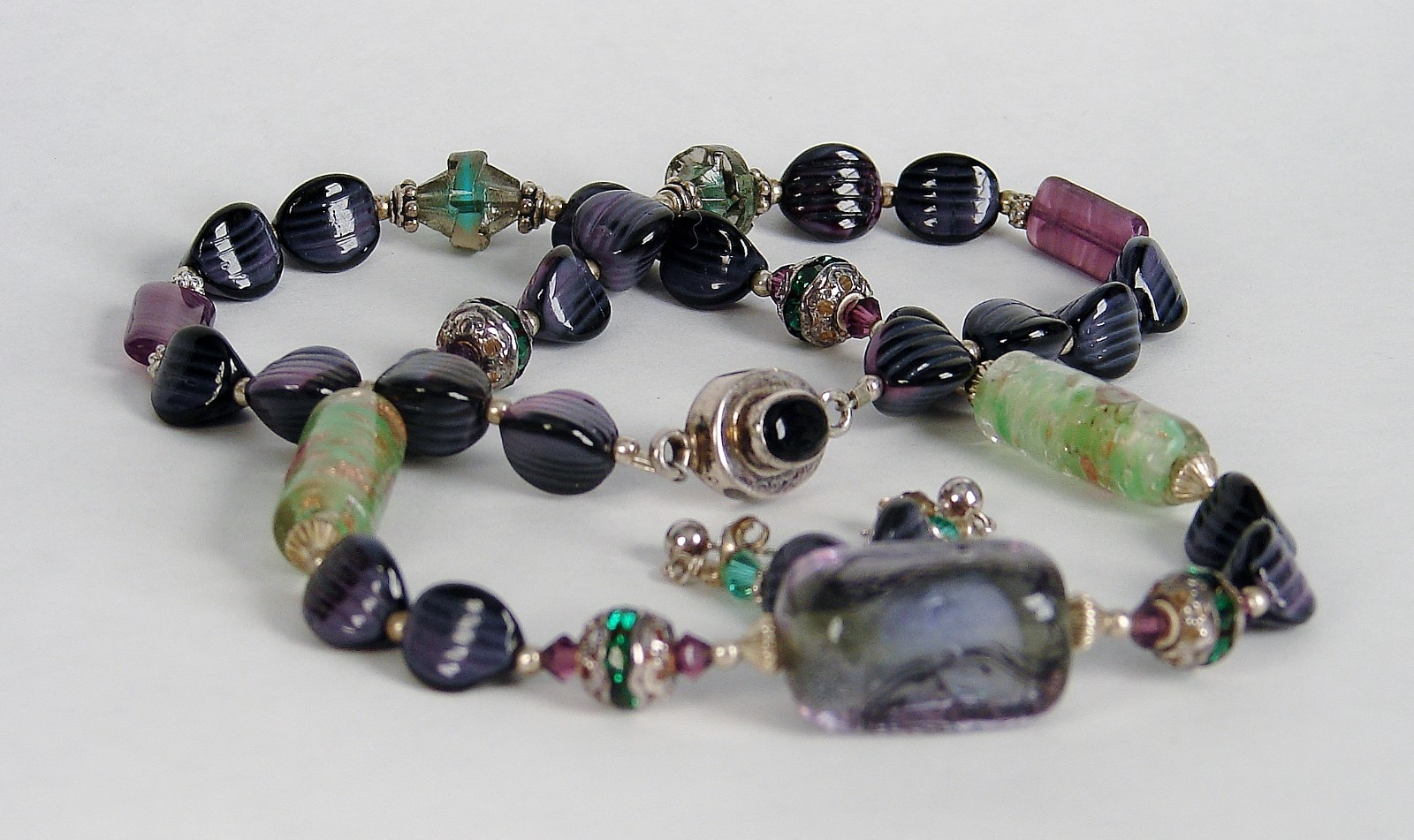 18″ Amethyst & Green Quartz Crystal Necklace Matching Drop Earrings 925 Closure