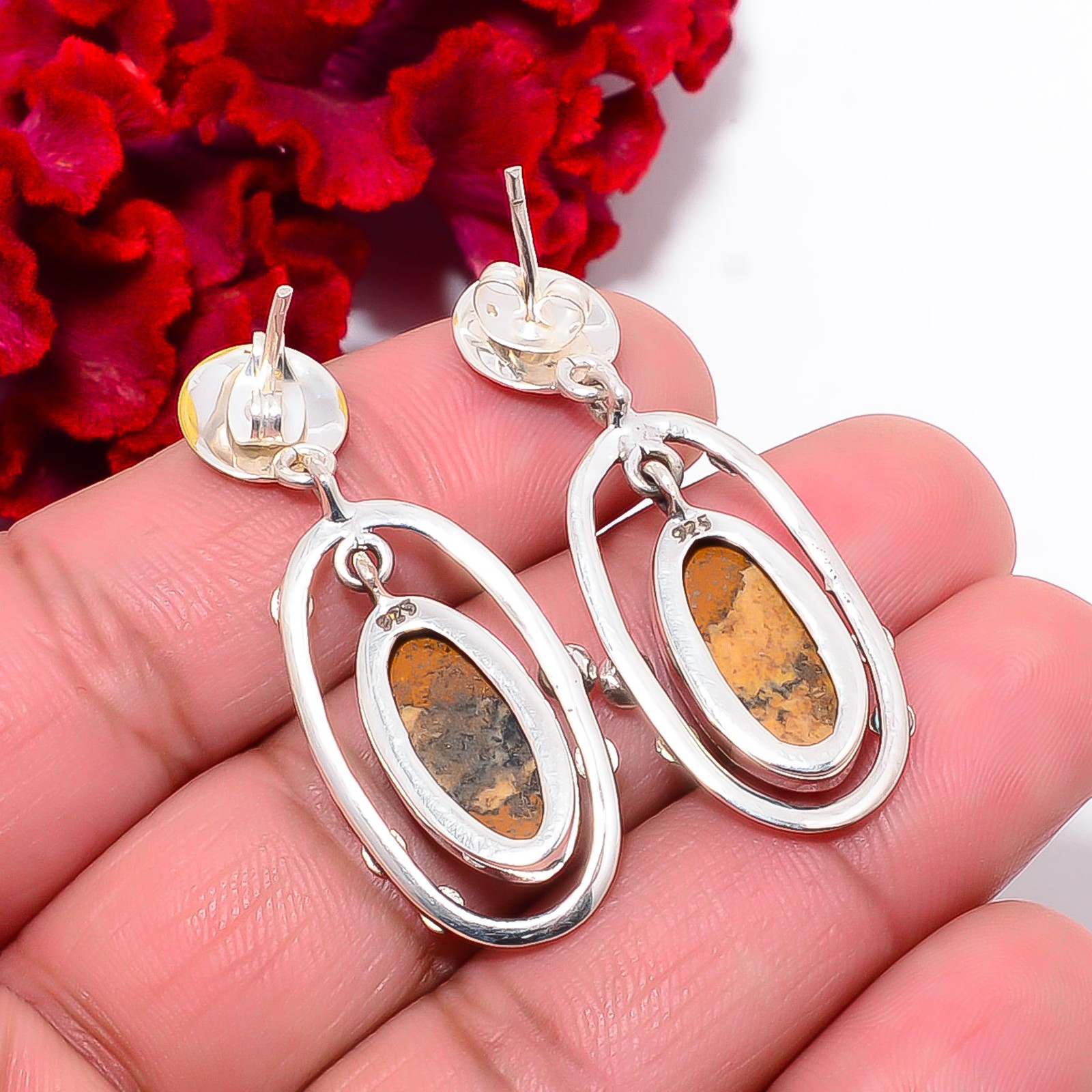 Picture Jasper – Oregon 925 Sterling Silver Two Tone Earring 1.68″ E103018
