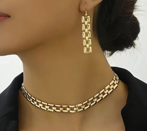 NEW WOMEN’S SQUARE LINK NECKLACE CHOKER & DANGLE DROP EARRING SET YELLOW GOLD