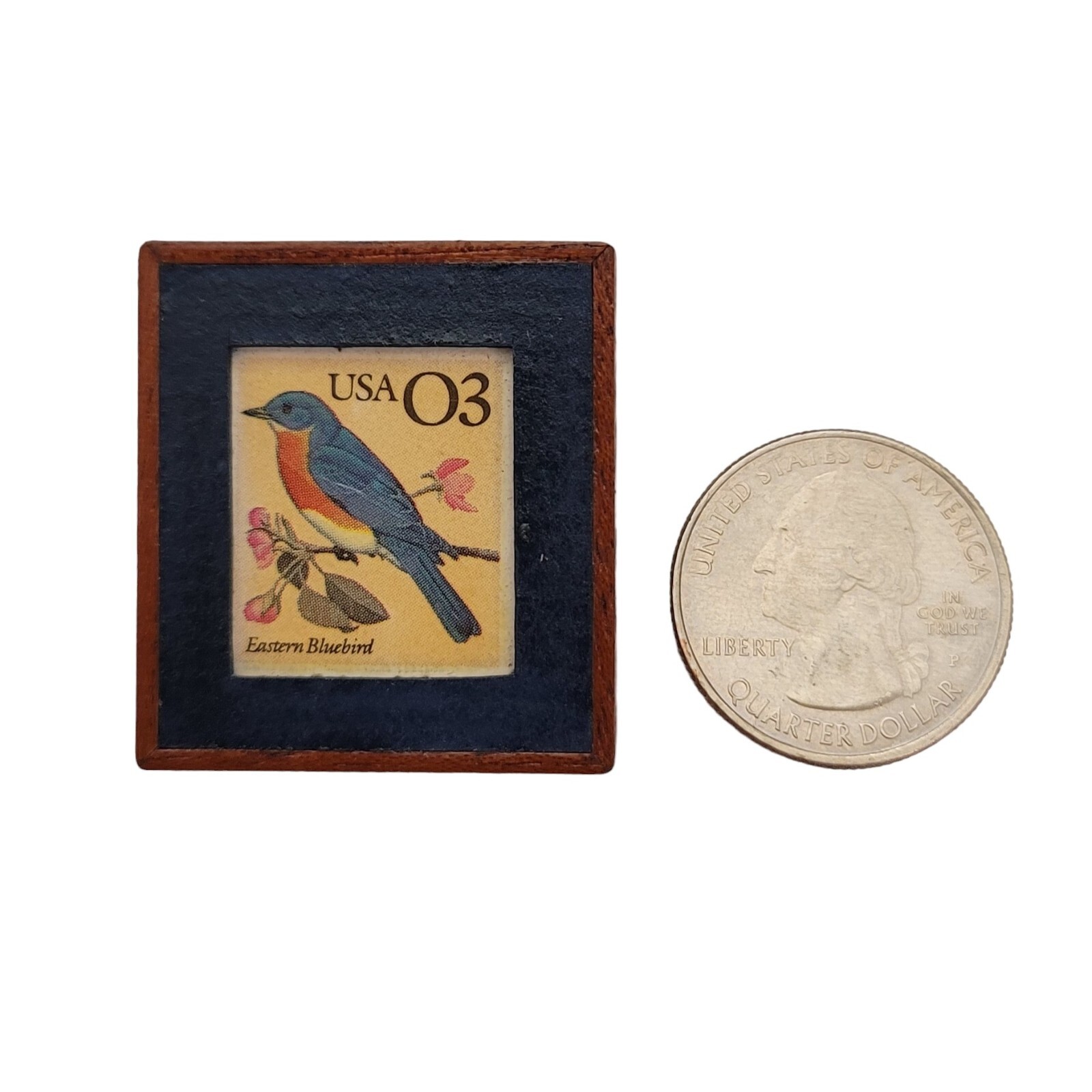 USA 3 Cent Bird Stamp Wood Frame Pin, JJS Postage Due ’92 E878