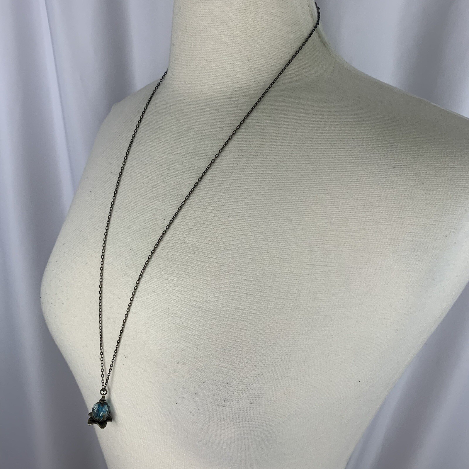 Long Boho Pendant Necklace Brass Tone Blue White Cloud Sky Look Glass Bead 30″