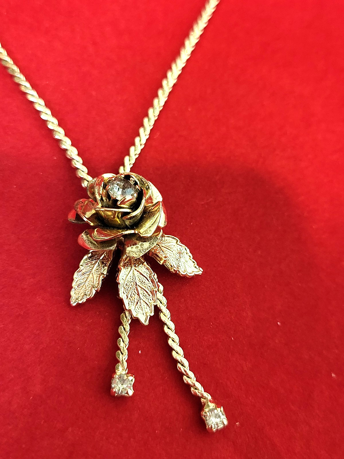 Pretty Fashion Goldtone Necklace with Rhinestone Accented Rose on 16″ Chain
