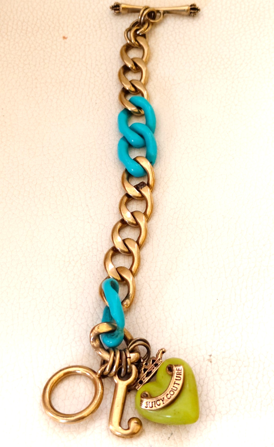 Vintage Juicy Couture Gold Tone Toggle Bracelet Turquoise Resin Links Green Hear