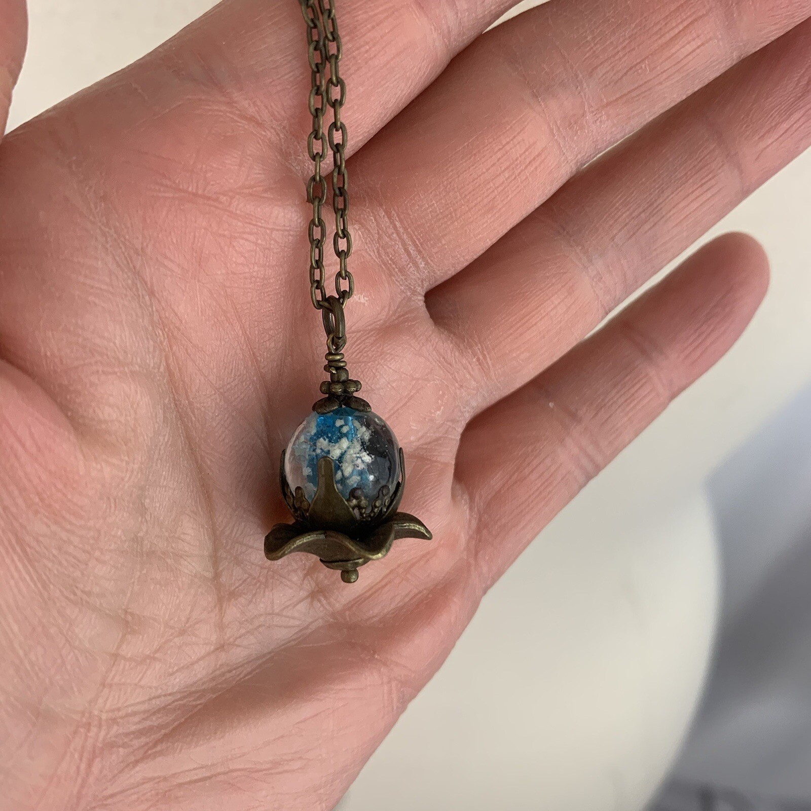 Long Boho Pendant Necklace Brass Tone Blue White Cloud Sky Look Glass Bead 30″