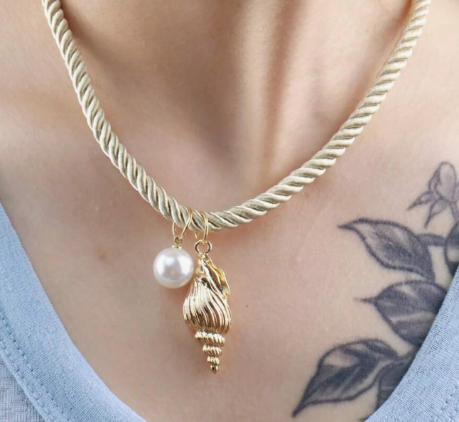 Set of Necklaces Conch Shells Pearl Turtle Fish Braided Cord Gold Tone Charms