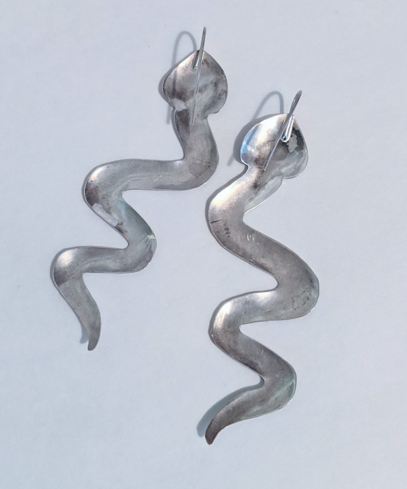 Edgy Crawling Snake Serpent Sterling Silver Long Hook Drop Earrings 3 1/4 Inch