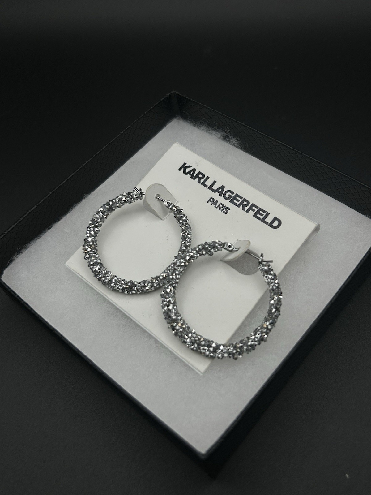Karl Lagerfeld Silver Crystal Hoop Earrings Hinged Closure, Metal