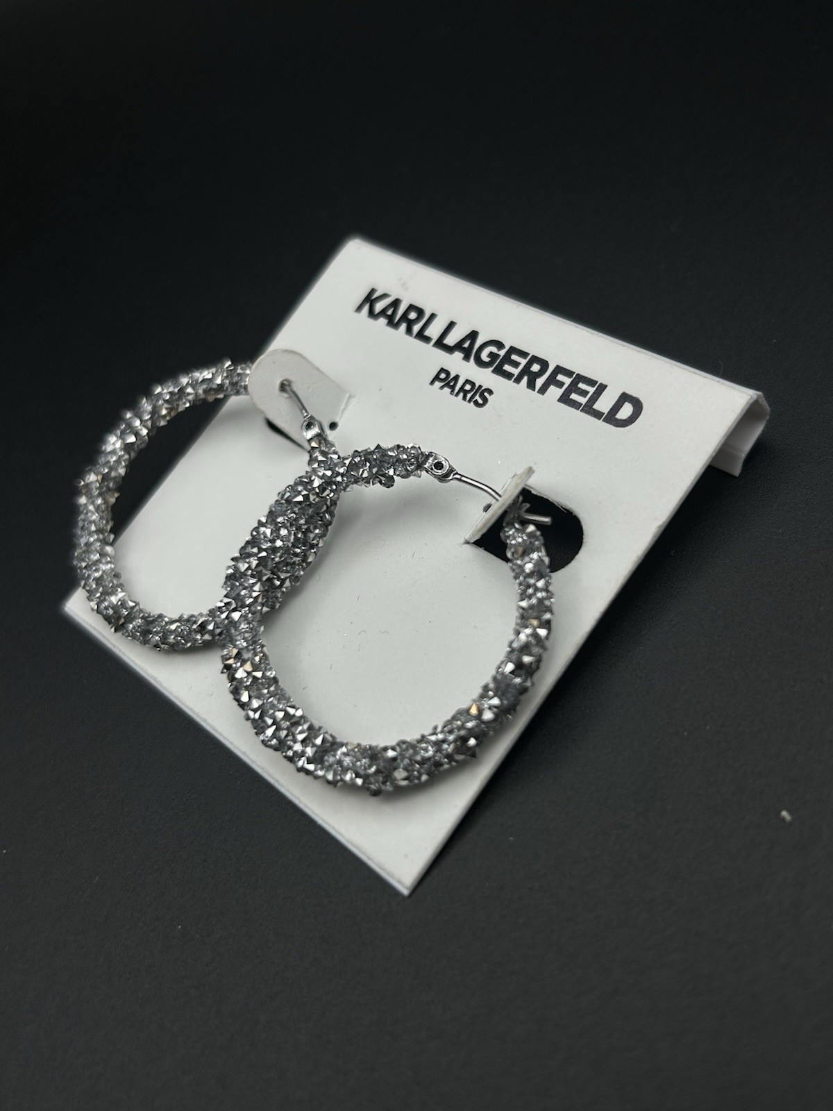 Karl Lagerfeld Silver Crystal Hoop Earrings Hinged Closure, Metal