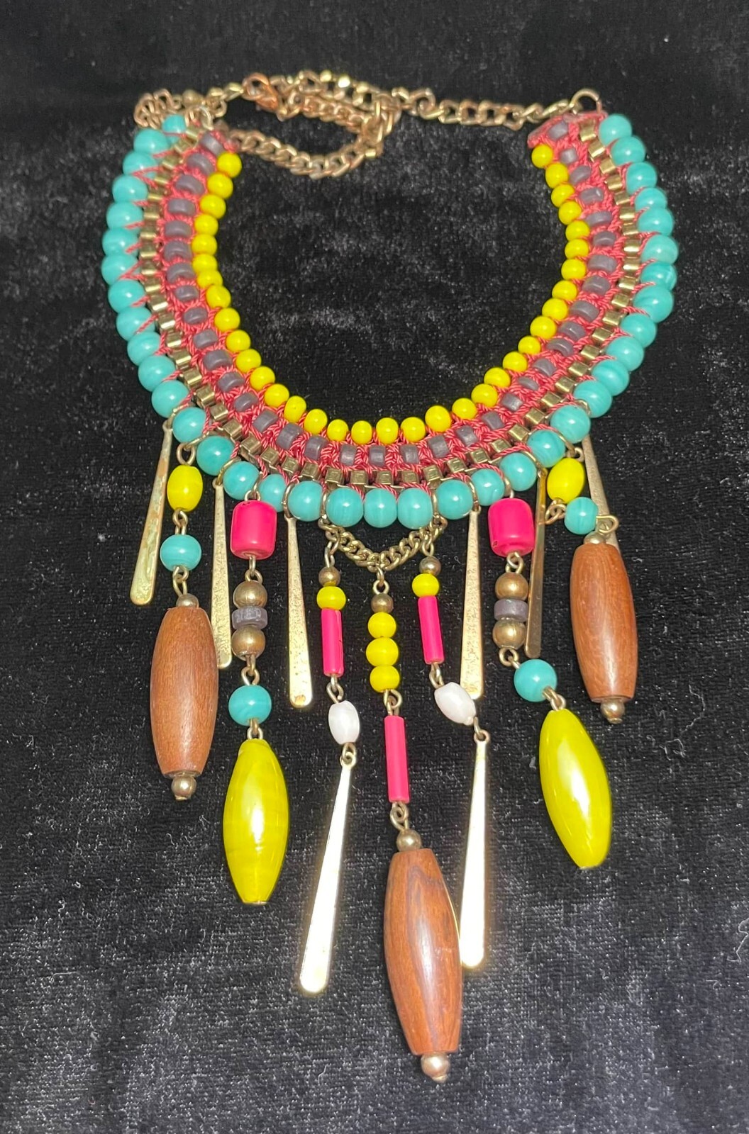 Boho Ethnic Statement Dangle Necklace Fringe Artsy Beachy Bright Multicolor VTG