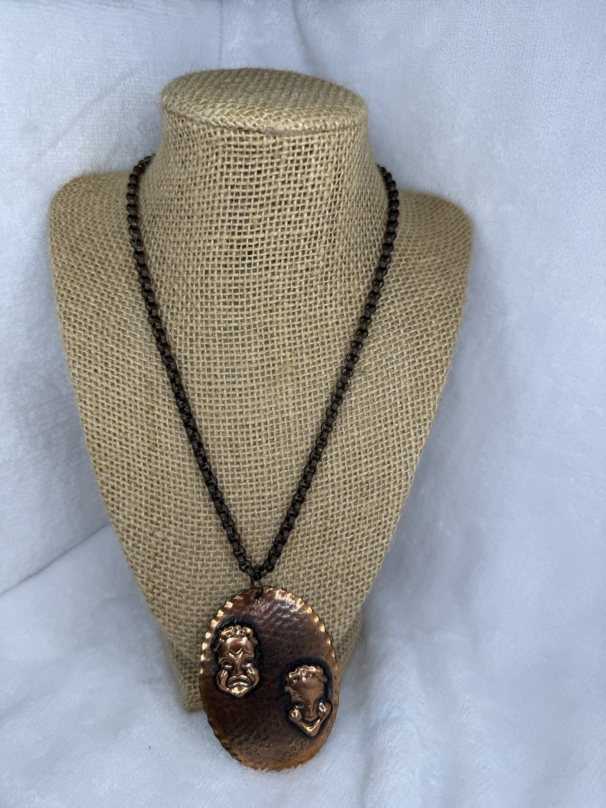 Vintage 1950s Comedy & Tragedy Mask Genuine Copper Necklace & Pendant