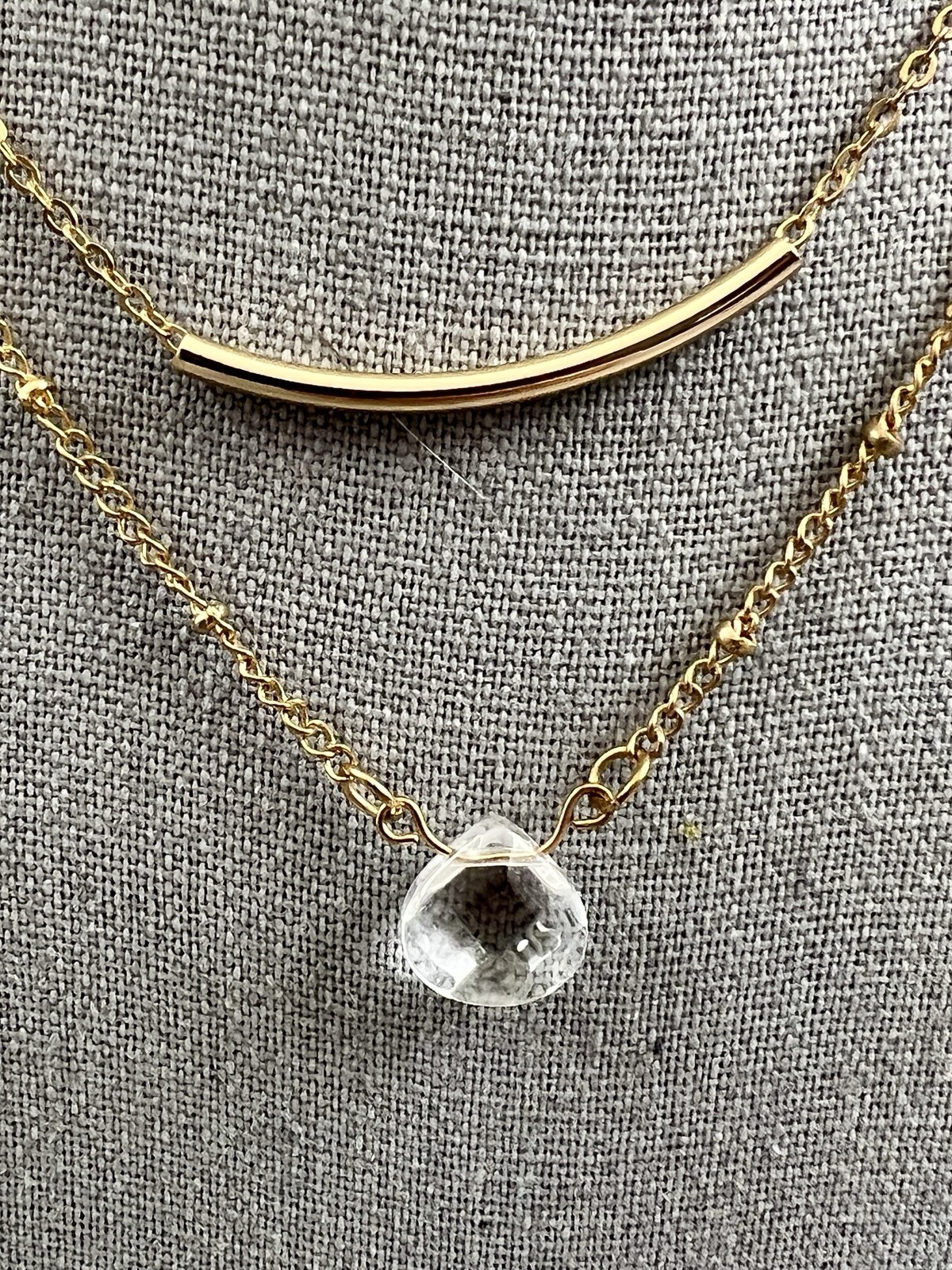 Gold Tone Layered Necklace Bar & Clear Acrylic Crystal Pendant Double Chain