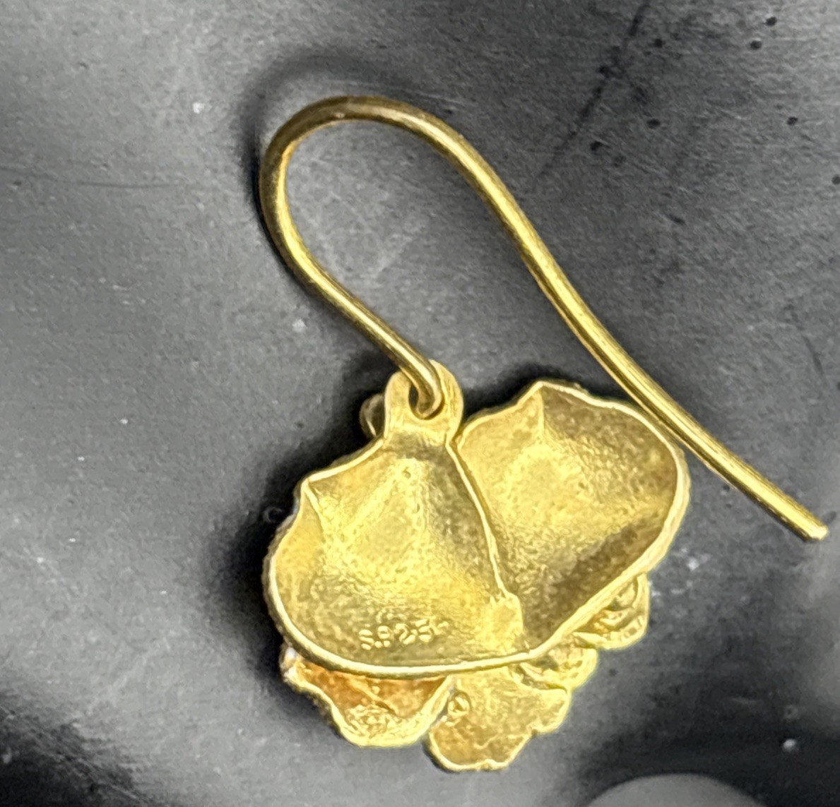 Shashi Earrings Sterling Silver Blue Enamel Gold Wash Pansy Dangle Dainty .75”￼