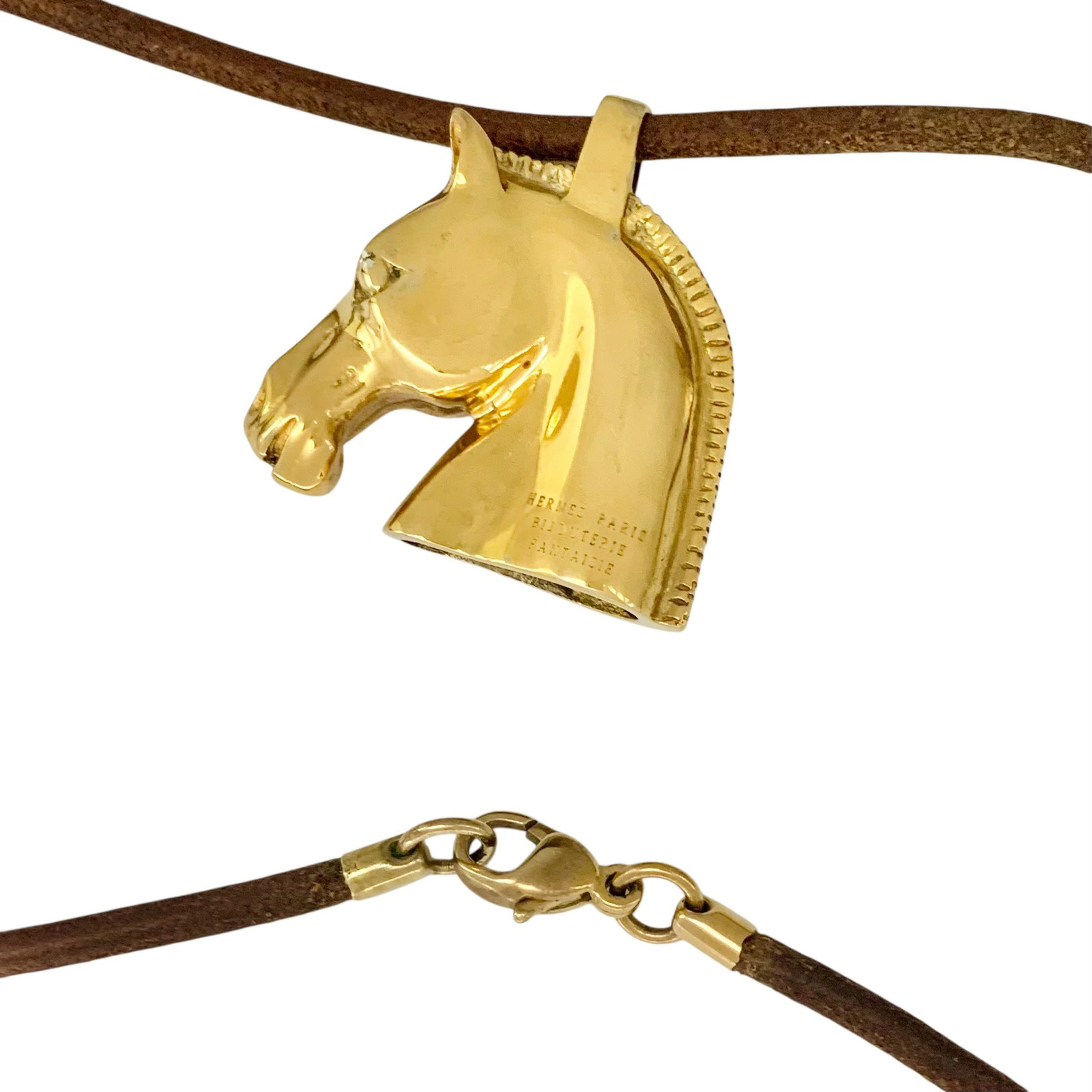 Hermes Necklace Cheval Horse Head Leather Brown Tea Gold Logo Motif With Box Use