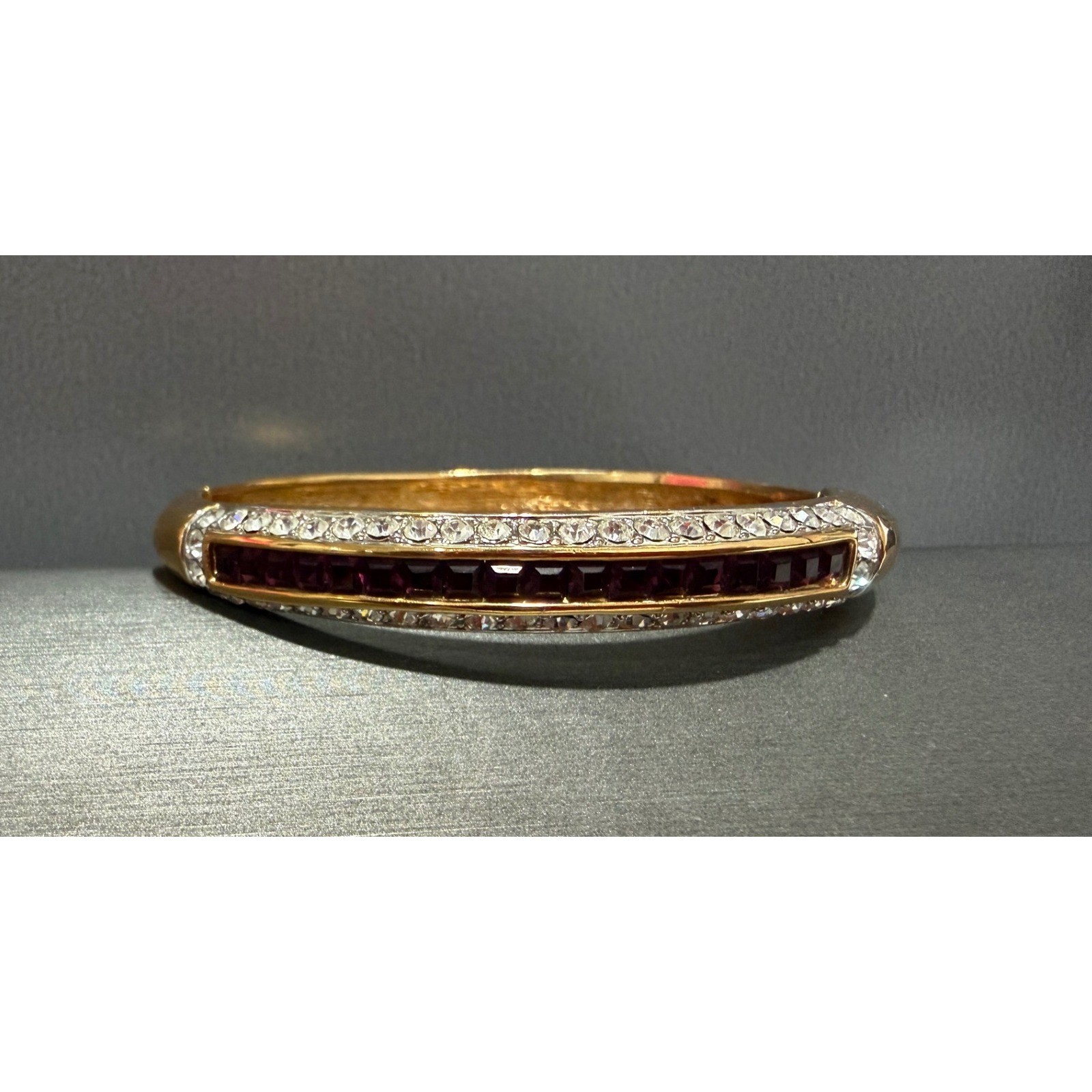 Vintage Purple Clear Crystal Hinged Bangle Bracelet Rhinestone Pave Gold Tone