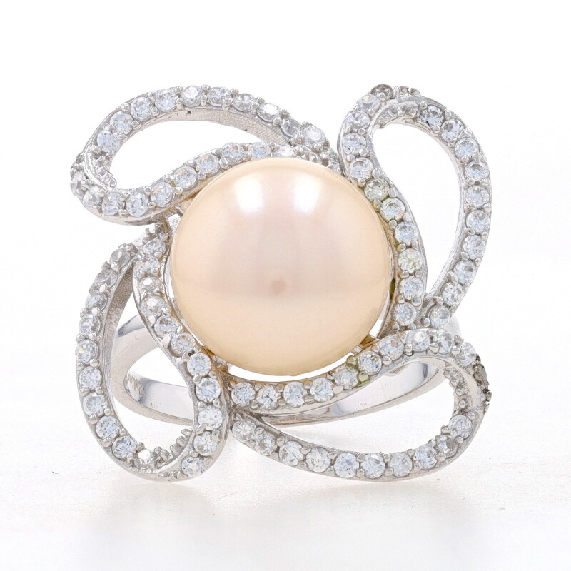 New Cultured Light Pink Pearl CZ Flower Halo Ring – Sterling Silver Size 7