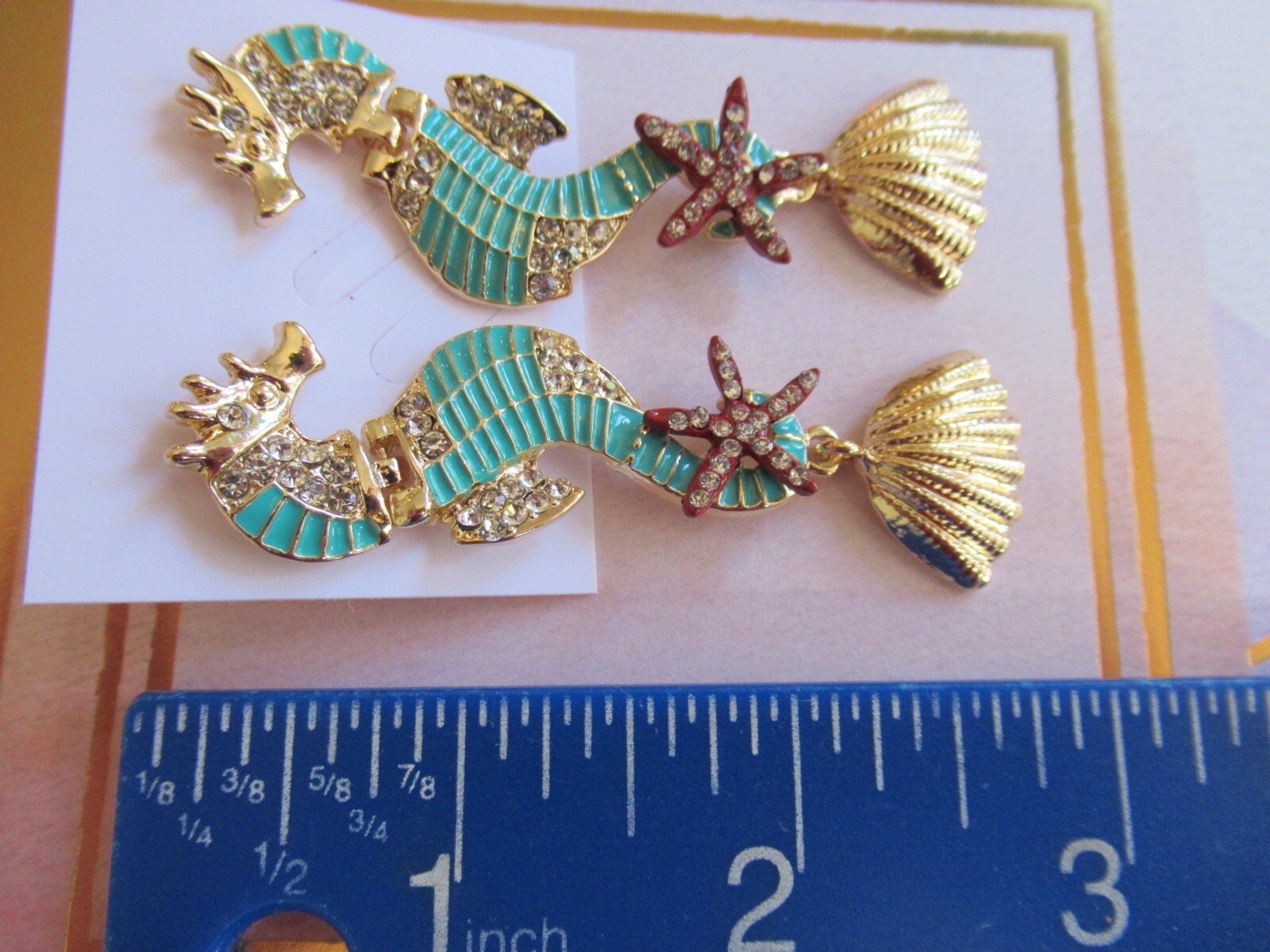Dangling Multicolor Seahorse Starfish Shells Green Seahorse Crystal Earrings NWT