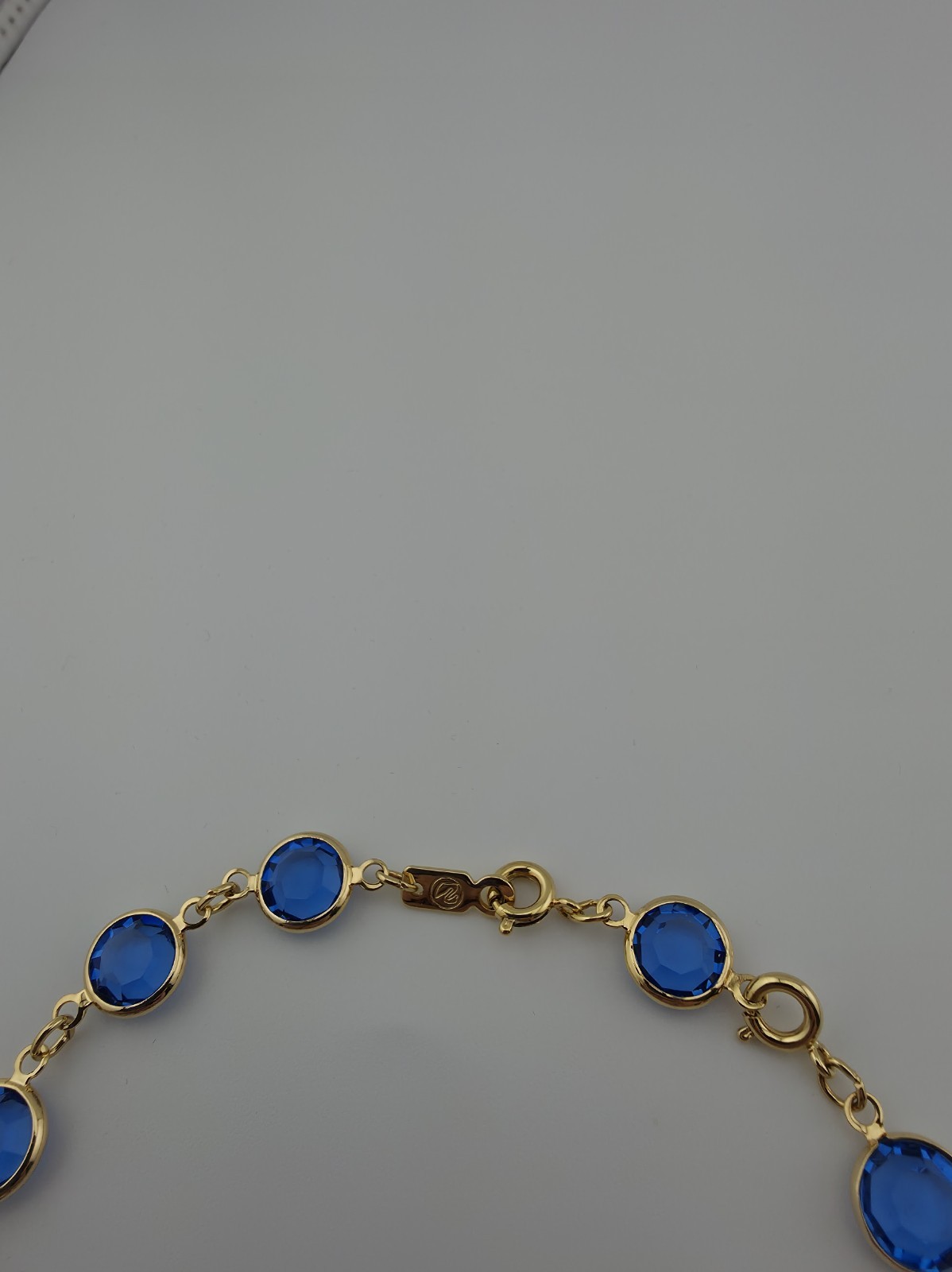 Vintage Swarovski Bezel Set Blue Stone Goldtone Bracelet Swan Mark 7.5″ Extender