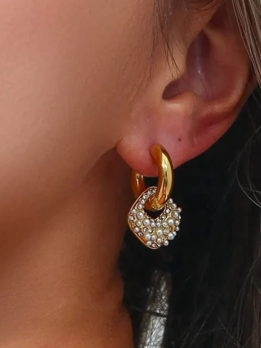 Gold Plated Stainless Steel CZ Pearl Dangle Drop Sparkle Earrings