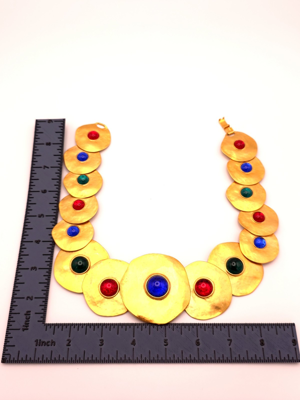 Les Bernard Hammered Gold Disc Necklace & Clip-On Earrings Set Blue Red Green