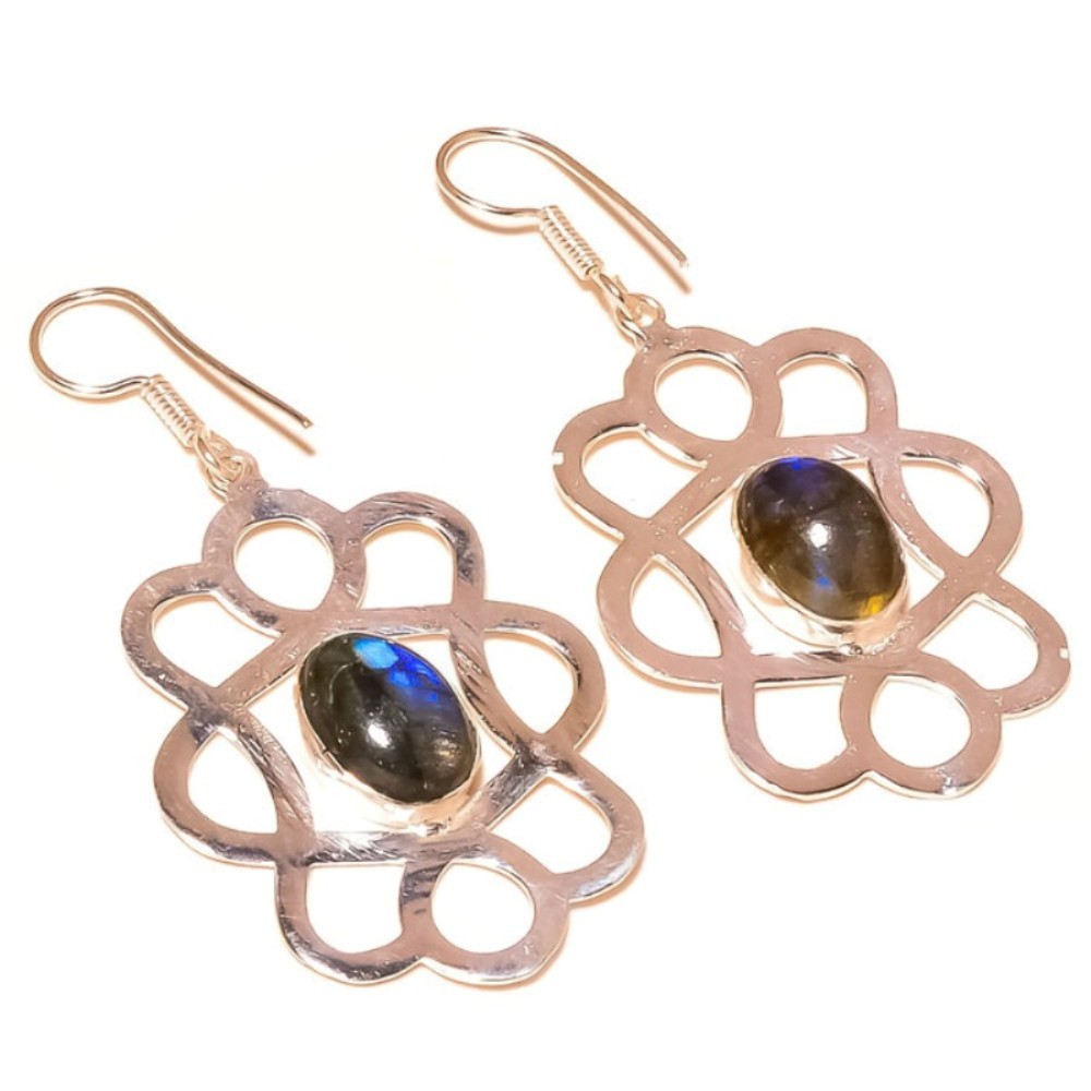 Natural Blue Flash Labradorite Gemstone 925 Silver Handmade Drop Dangle Earrings