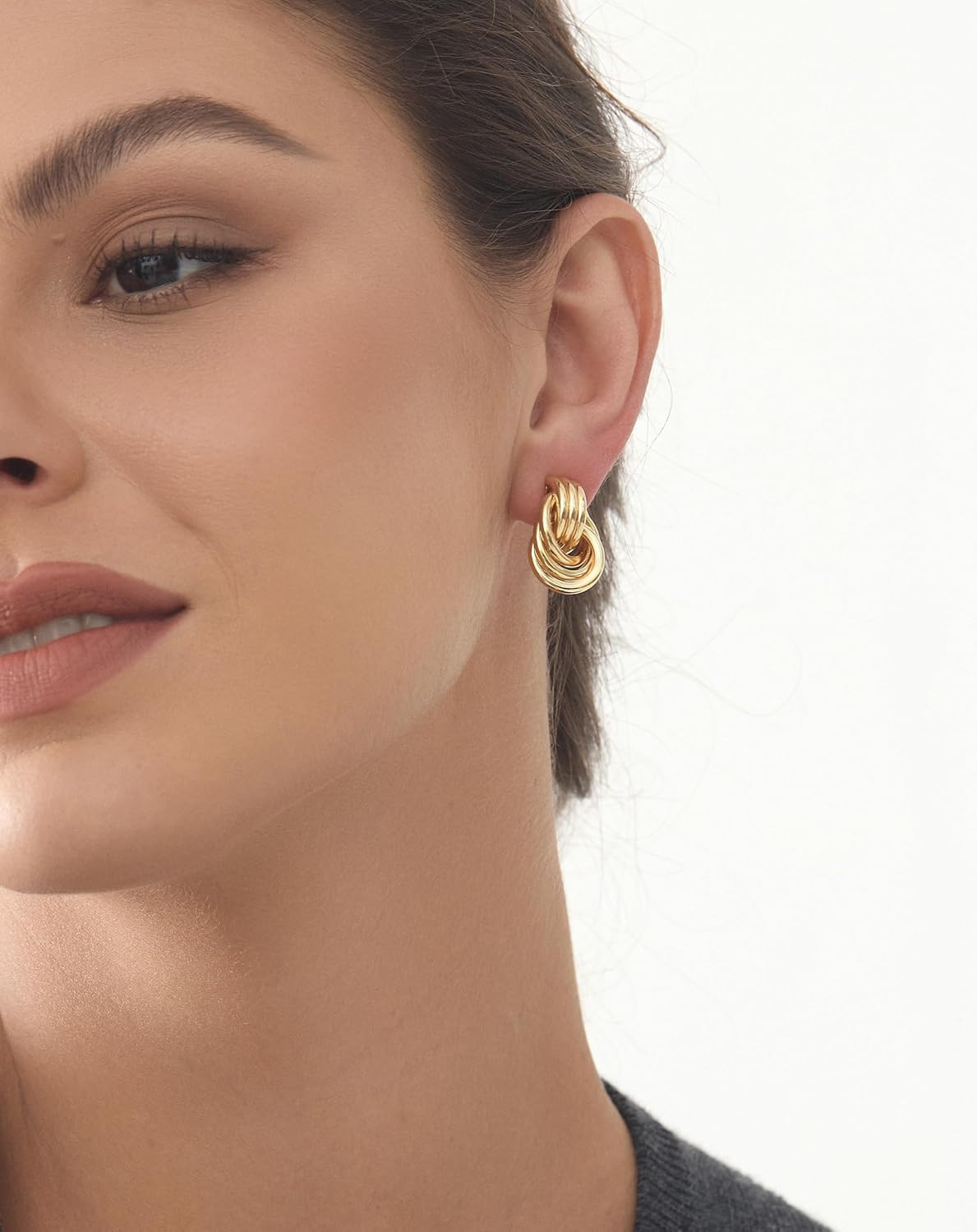 Gold-Plated Chunky Gold Earrings for Women Knot Link Circle Geometric Drop Dangl