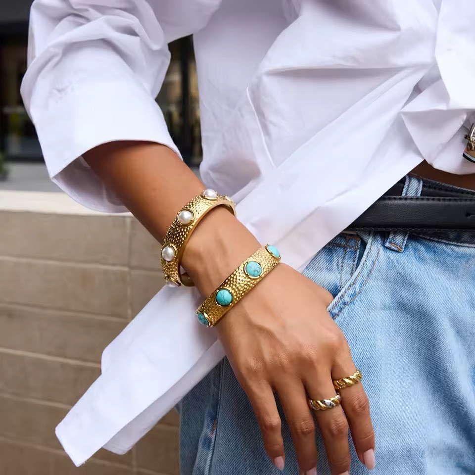 ZARD Turquoise Gemstone Cuff Bangle Bracelet in Gold Vermeil