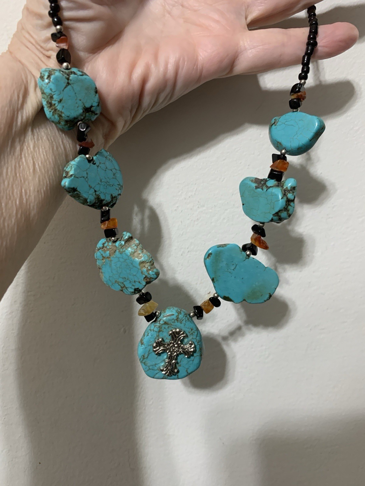 Southwestern Silver tone Chunky Turquoise Slabs, With Orange & Black Beads, 22”