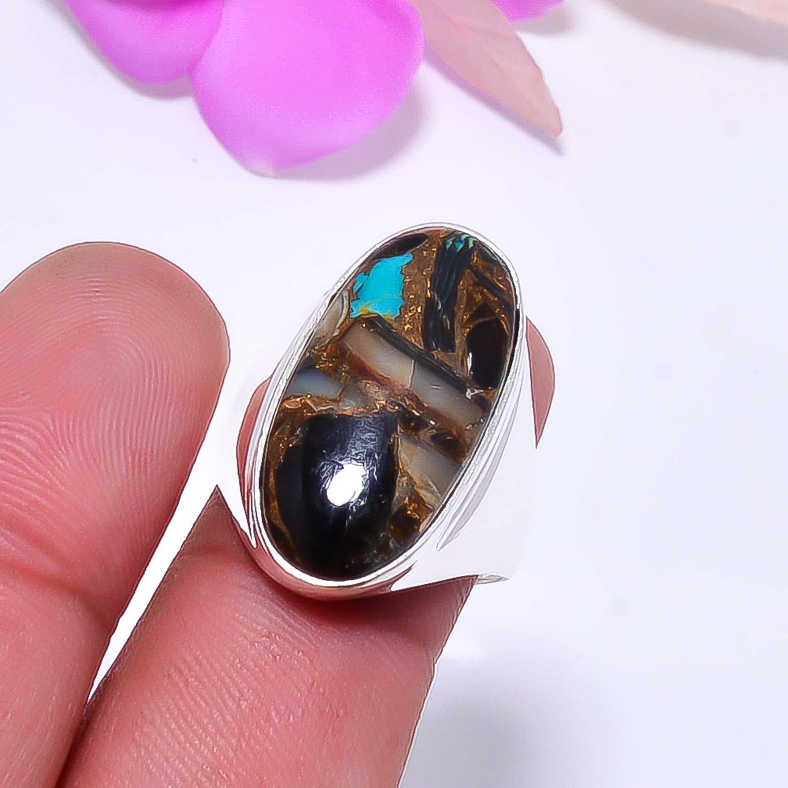 Copper Black Obsidian With Abalone 925 Sterling Silver Ring S.7.5 R115212