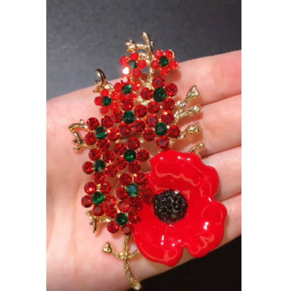 Beautiful Poppy Flowers Brooch Pin – Rhinestone Enamel Jewelry Gift USA