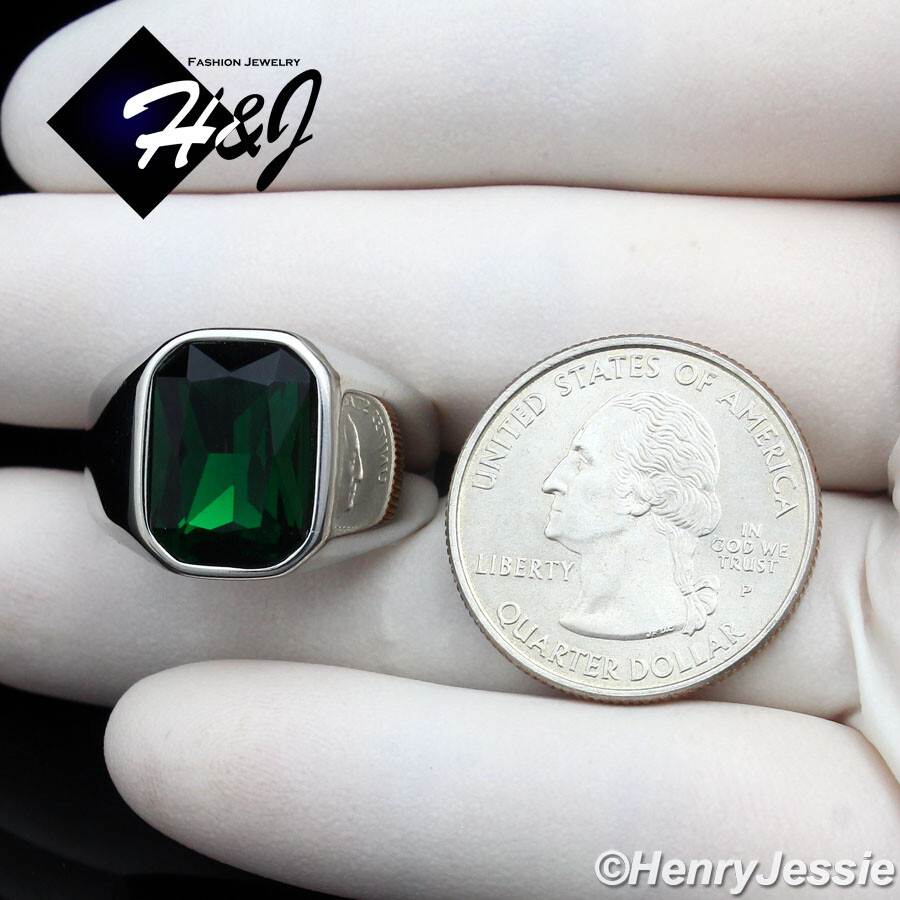 MEN’s Stainless Steel 3D Rectangle Green Gemstone Silver Ring Size 7-12*R151
